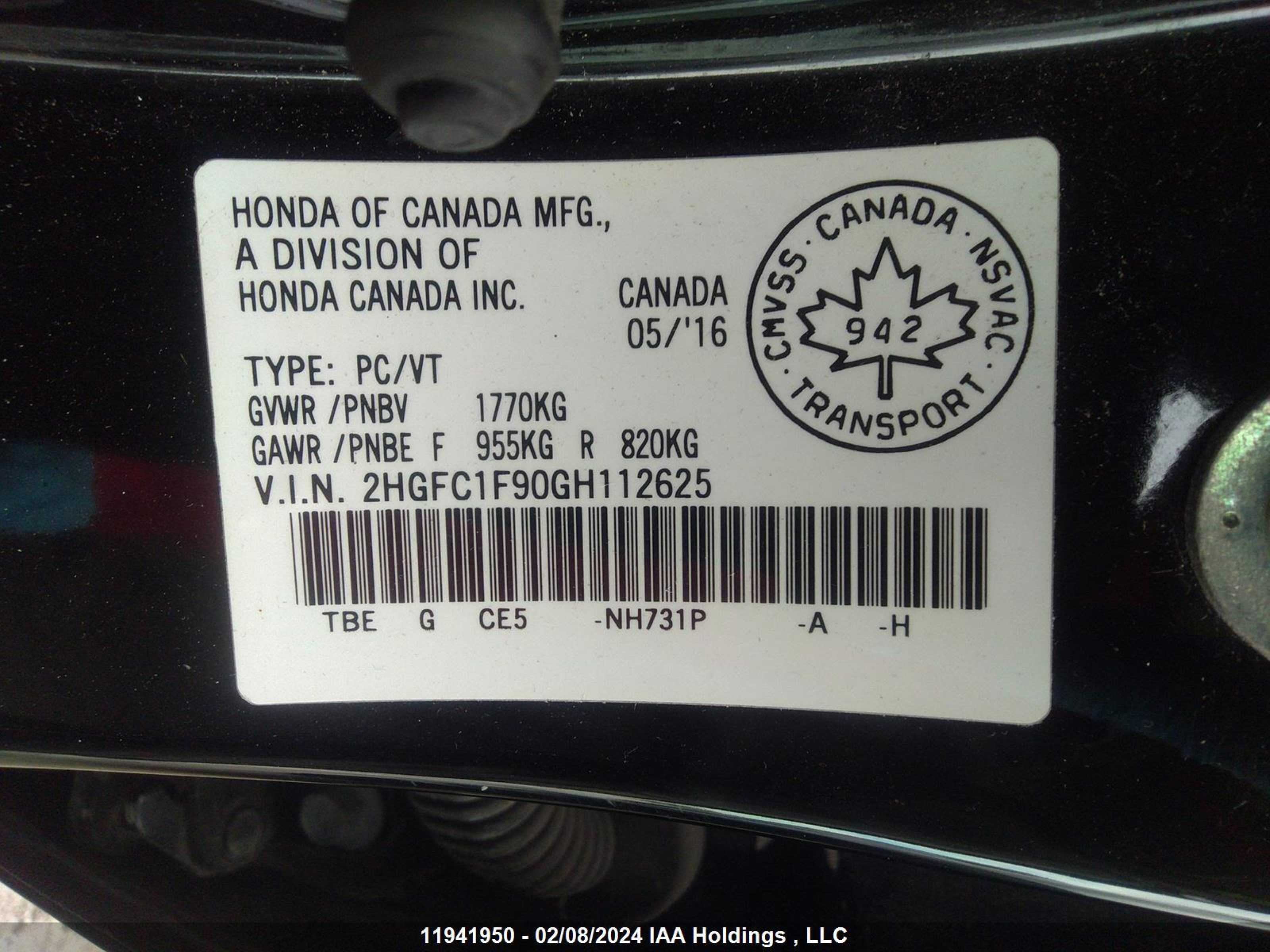 Photo 8 VIN: 2HGFC1F90GH112625 - HONDA CIVIC 