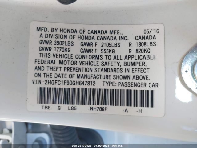 Photo 8 VIN: 2HGFC1F90GH647812 - HONDA CIVIC 