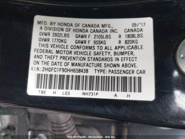 Photo 8 VIN: 2HGFC1F90HH658438 - HONDA CIVIC 