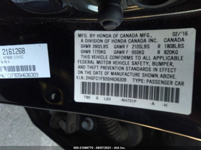 Photo 8 VIN: 2HGFC1F92GH636309 - HONDA CIVIC SEDAN 