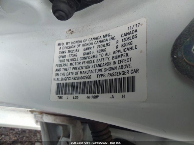 Photo 8 VIN: 2HGFC1F92JH642960 - HONDA CIVIC SEDAN 