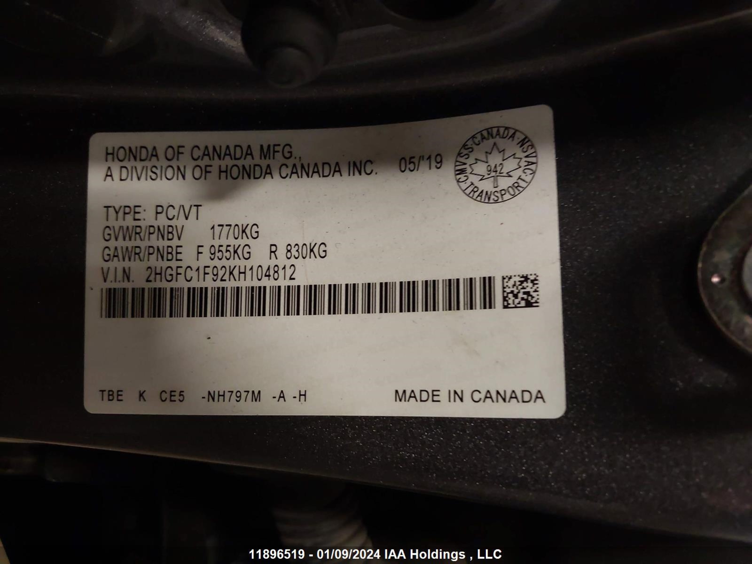 Photo 8 VIN: 2HGFC1F92KH104812 - HONDA CIVIC 