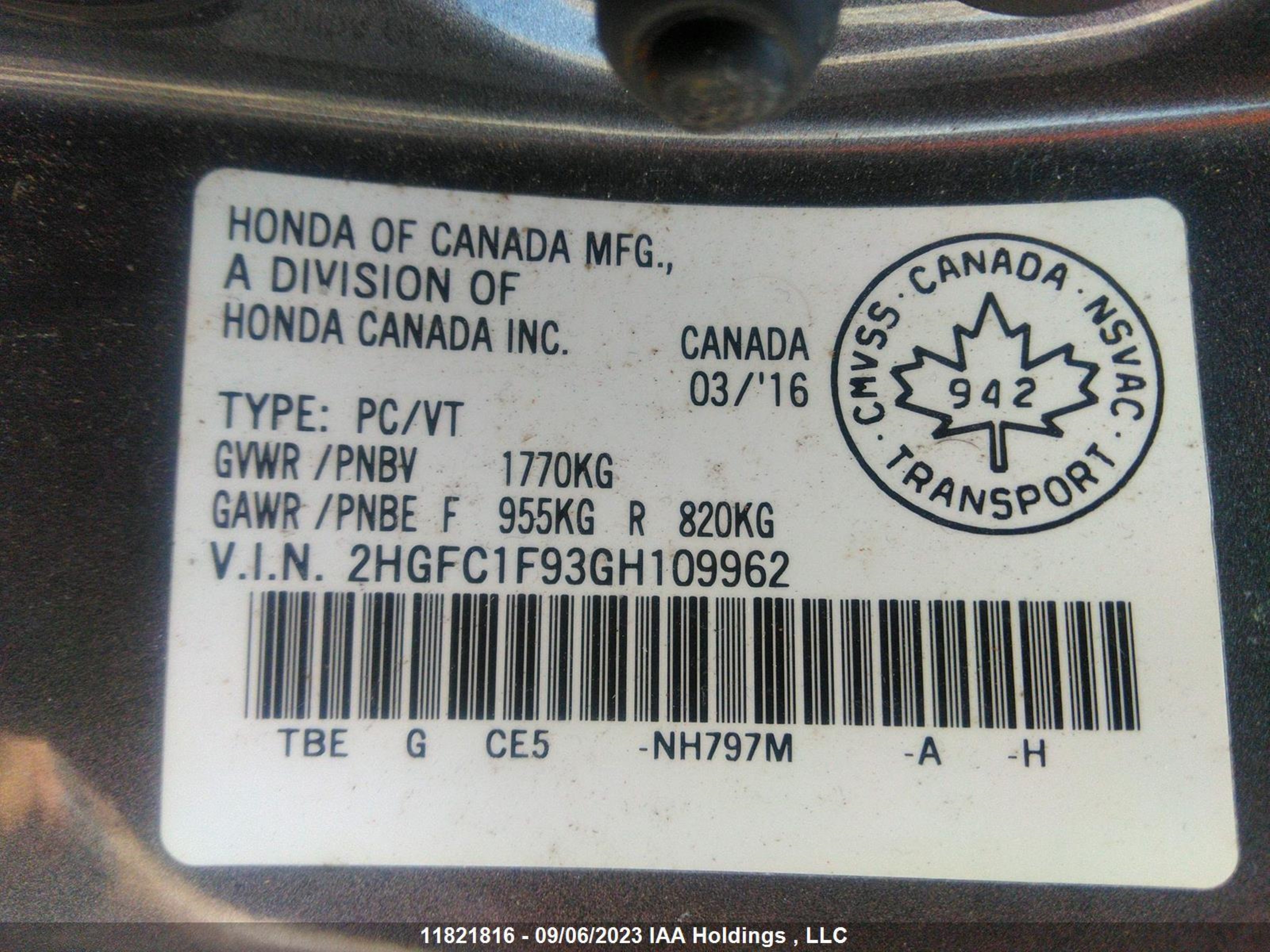 Photo 8 VIN: 2HGFC1F93GH109962 - HONDA CIVIC 