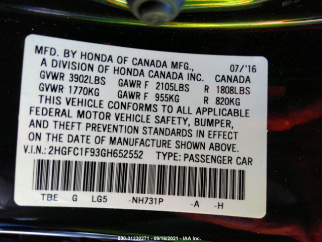 Photo 8 VIN: 2HGFC1F93GH652552 - HONDA CIVIC SEDAN 