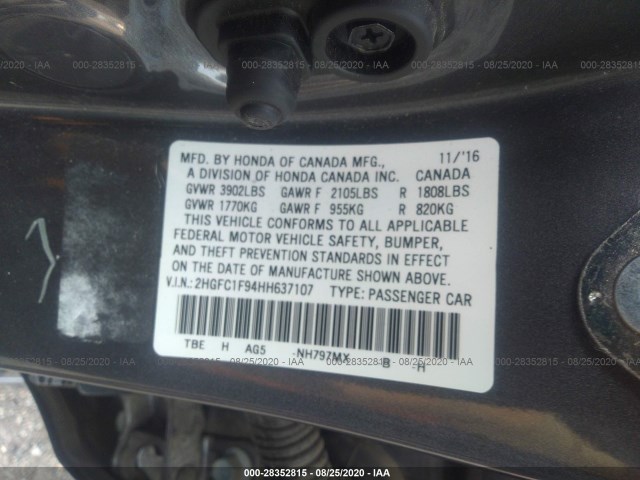 Photo 8 VIN: 2HGFC1F94HH637107 - HONDA CIVIC SEDAN 