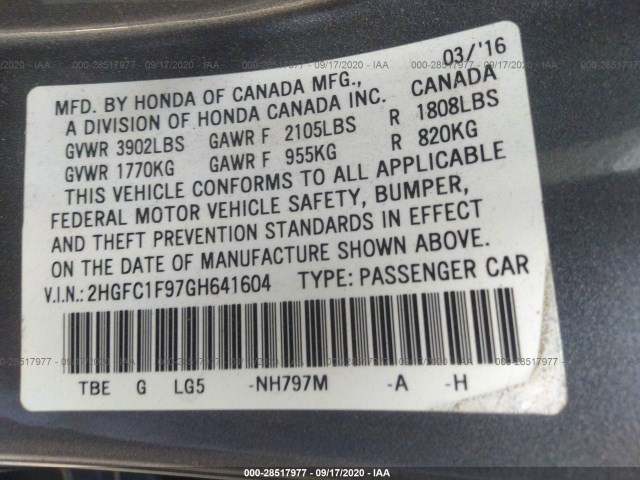 Photo 8 VIN: 2HGFC1F97GH641604 - HONDA CIVIC SEDAN 