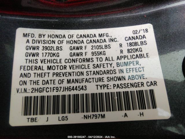 Photo 8 VIN: 2HGFC1F97JH644543 - HONDA CIVIC 