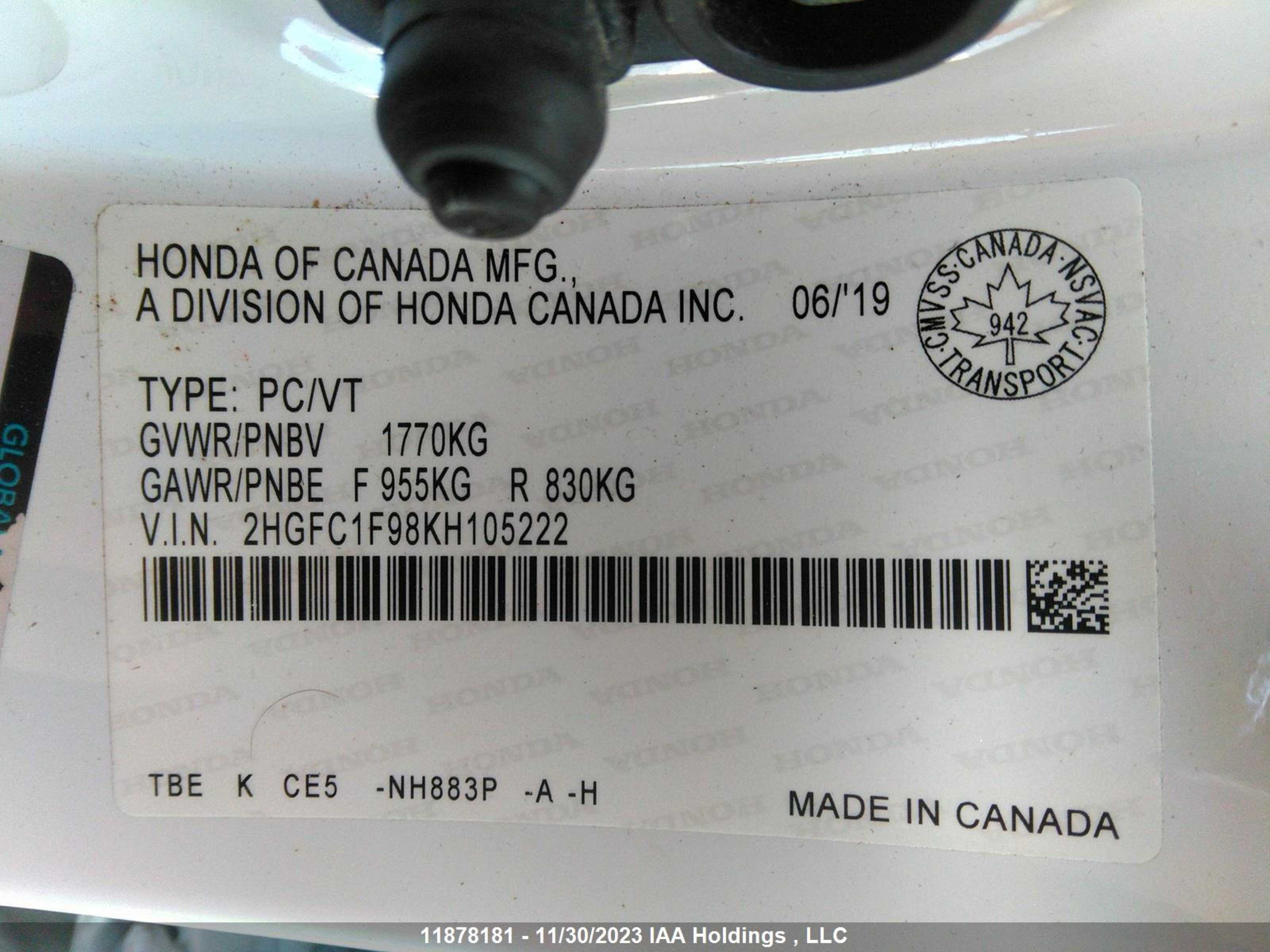 Photo 8 VIN: 2HGFC1F98KH105222 - HONDA CIVIC 