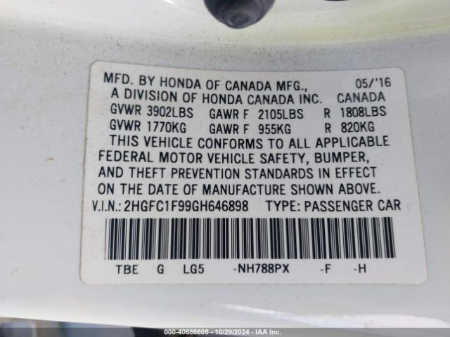 Photo 8 VIN: 2HGFC1F99GH646898 - HONDA CIVIC 