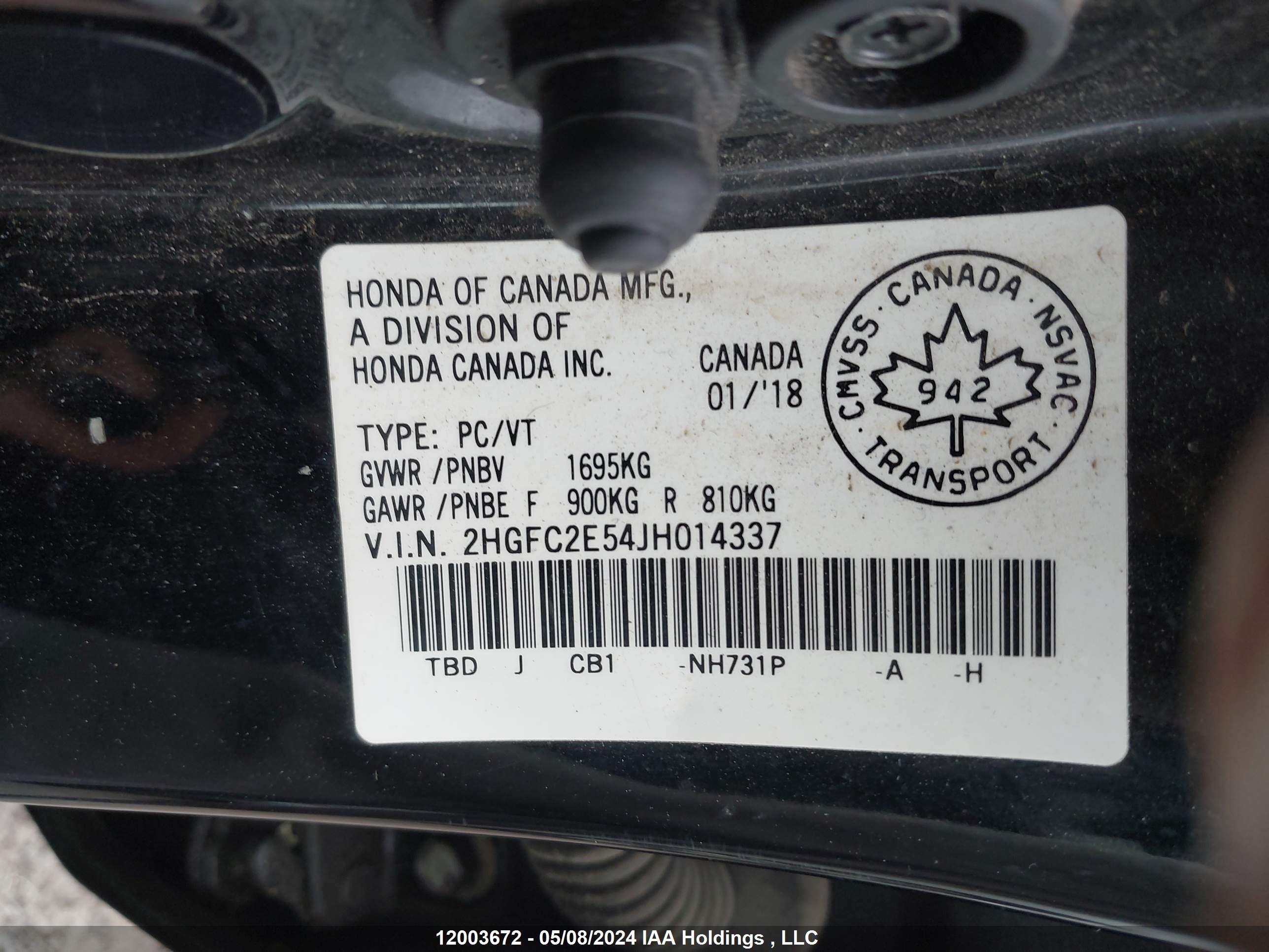 Photo 8 VIN: 2HGFC2E54JH014337 - HONDA CIVIC 