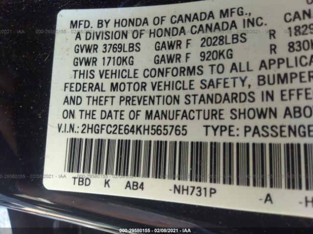 Photo 8 VIN: 2HGFC2E64KH565765 - HONDA CIVIC SEDAN 