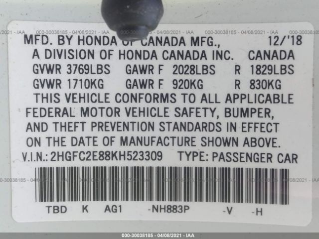 Photo 8 VIN: 2HGFC2E88KH523309 - HONDA CIVIC SEDAN 