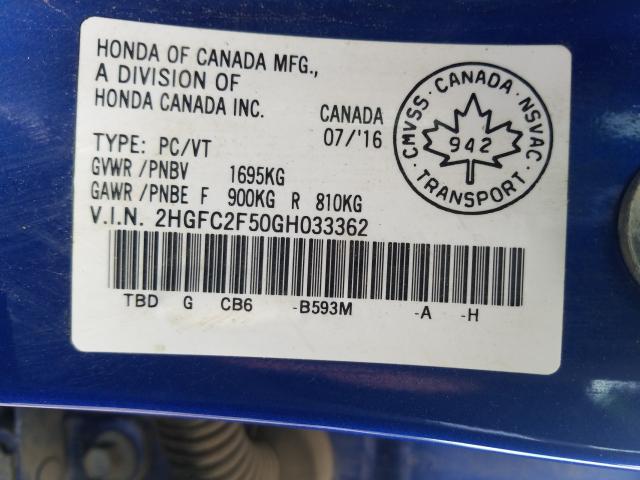 Photo 9 VIN: 2HGFC2F50GH033362 - HONDA CIVIC LX 