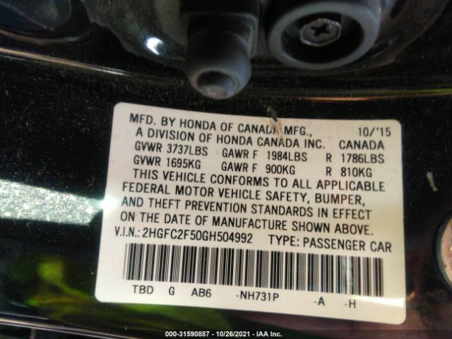 Photo 8 VIN: 2HGFC2F50GH504992 - HONDA CIVIC SEDAN 