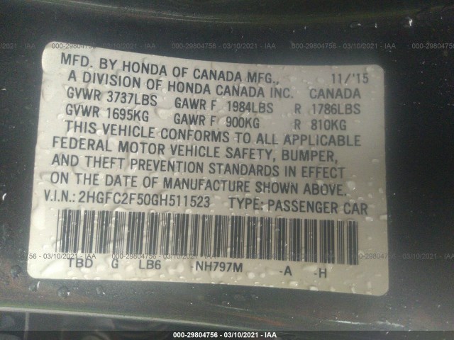 Photo 8 VIN: 2HGFC2F50GH511523 - HONDA CIVIC SEDAN 