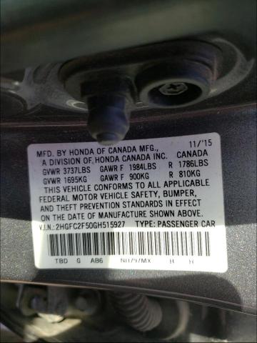 Photo 9 VIN: 2HGFC2F50GH515927 - HONDA CIVIC LX 