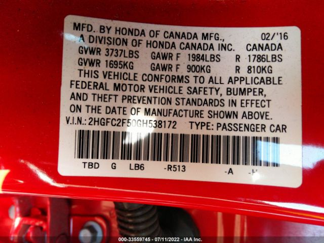 Photo 8 VIN: 2HGFC2F50GH538172 - HONDA CIVIC SEDAN 