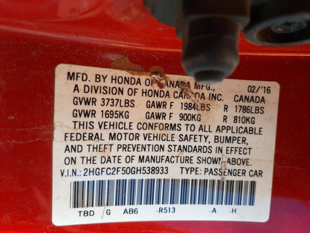 Photo 9 VIN: 2HGFC2F50GH538933 - HONDA CIVIC LX 