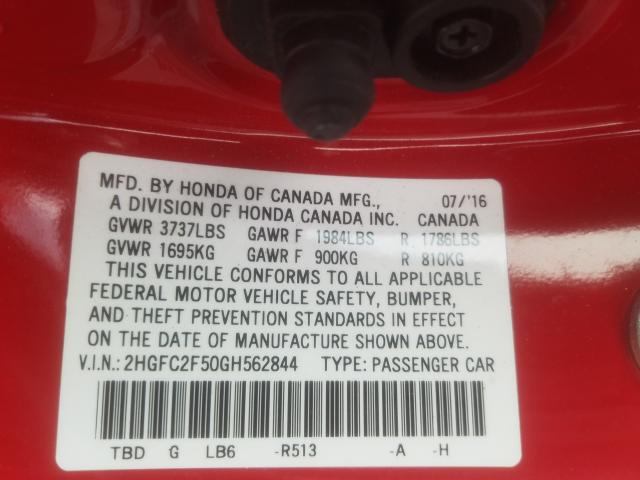 Photo 9 VIN: 2HGFC2F50GH562844 - HONDA CIVIC LX 