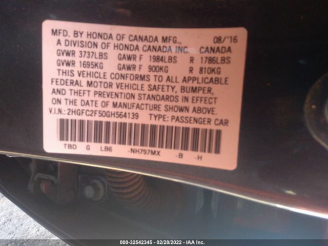 Photo 8 VIN: 2HGFC2F50GH564139 - HONDA CIVIC SEDAN 