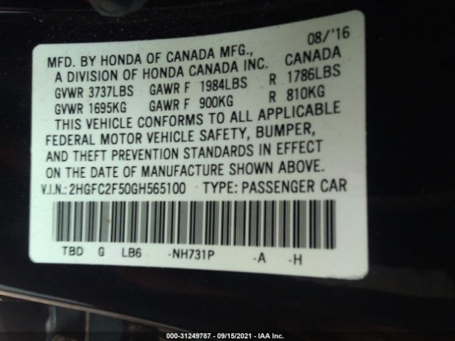 Photo 8 VIN: 2HGFC2F50GH565100 - HONDA CIVIC SEDAN 