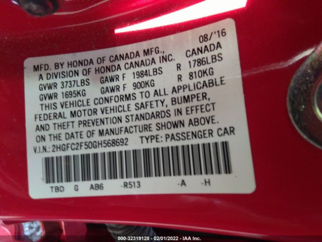 Photo 8 VIN: 2HGFC2F50GH568692 - HONDA CIVIC SEDAN 