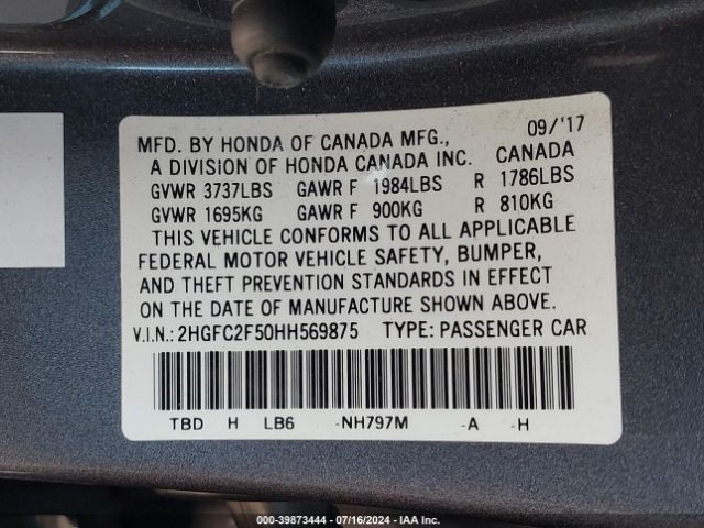 Photo 8 VIN: 2HGFC2F50HH569875 - HONDA CIVIC 