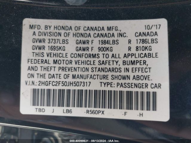 Photo 8 VIN: 2HGFC2F50JH507317 - HONDA CIVIC 