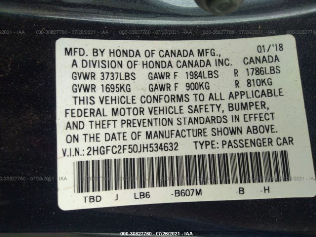 Photo 8 VIN: 2HGFC2F50JH534632 - HONDA CIVIC SEDAN 