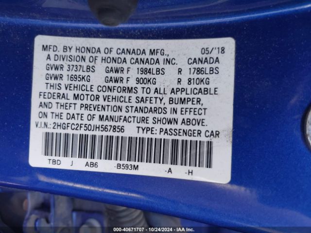 Photo 8 VIN: 2HGFC2F50JH567856 - HONDA CIVIC 