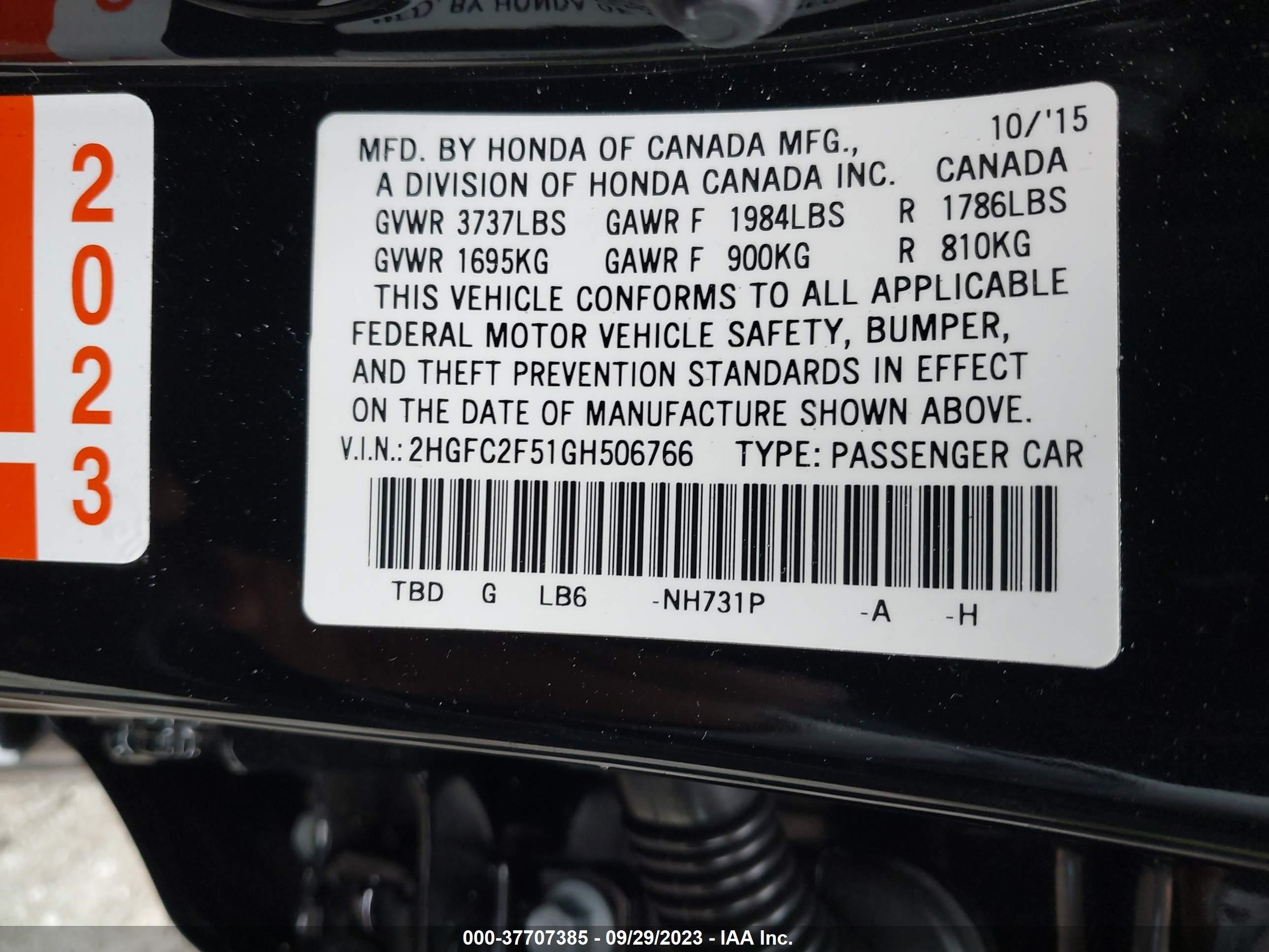 Photo 8 VIN: 2HGFC2F51GH506766 - HONDA CIVIC 