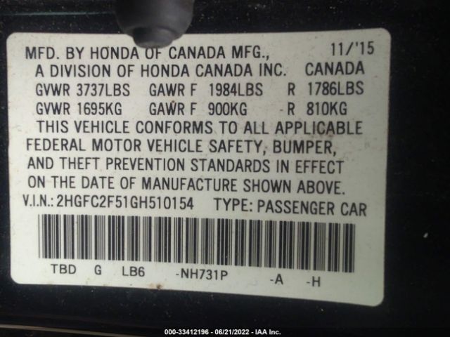 Photo 8 VIN: 2HGFC2F51GH510154 - HONDA CIVIC SEDAN 