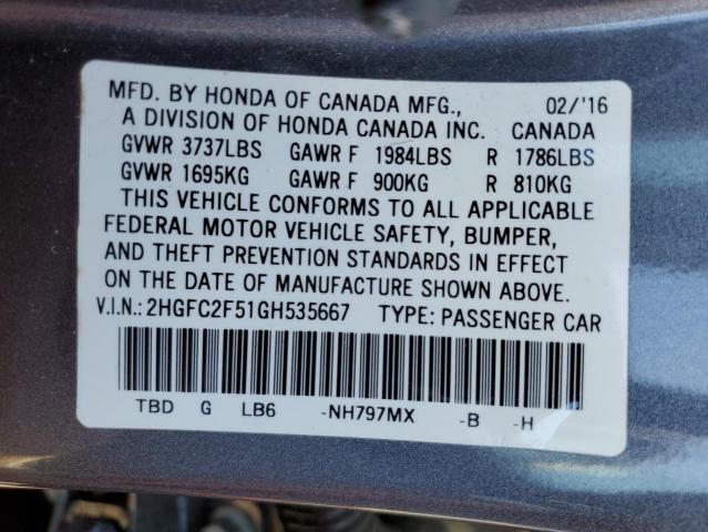 Photo 11 VIN: 2HGFC2F51GH535667 - HONDA CIVIC 