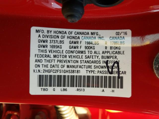 Photo 9 VIN: 2HGFC2F51GH538181 - HONDA CIVIC LX 