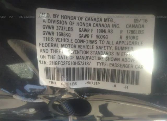 Photo 8 VIN: 2HGFC2F51GH573187 - HONDA CIVIC SEDAN 