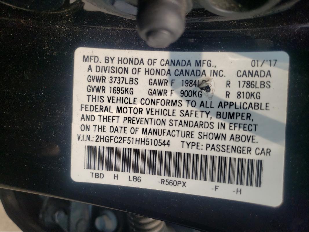 Photo 9 VIN: 2HGFC2F51HH510544 - HONDA CIVIC LX 