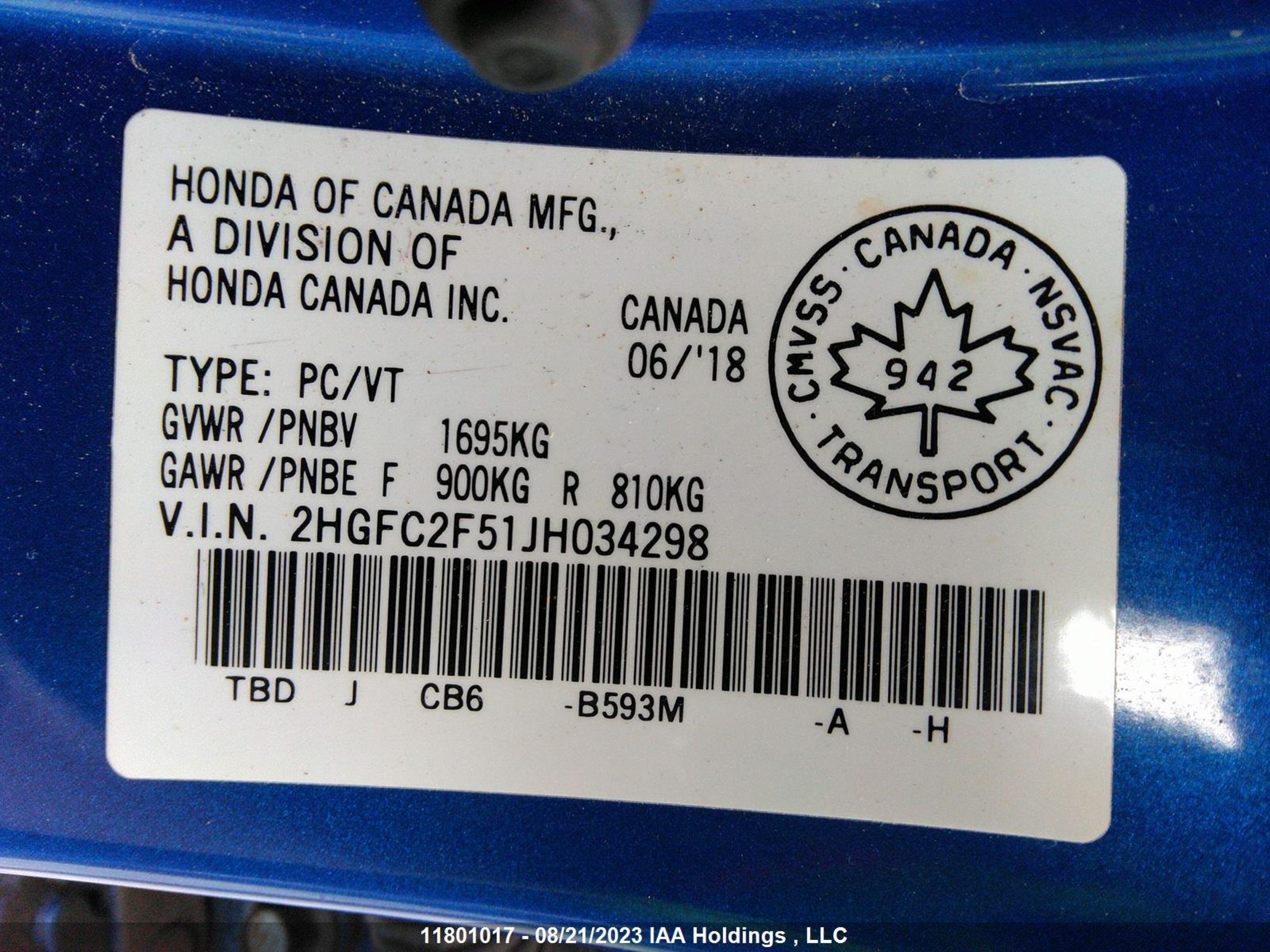 Photo 8 VIN: 2HGFC2F51JH034298 - HONDA CIVIC 