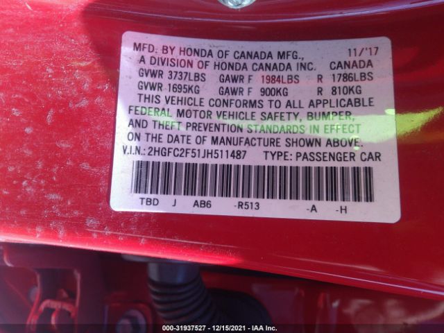 Photo 8 VIN: 2HGFC2F51JH511487 - HONDA CIVIC SEDAN 