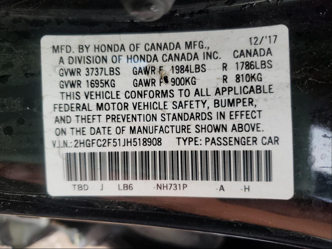 Photo 9 VIN: 2HGFC2F51JH518908 - HONDA CIVIC LX 