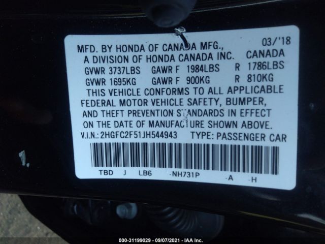 Photo 8 VIN: 2HGFC2F51JH544943 - HONDA CIVIC SEDAN 