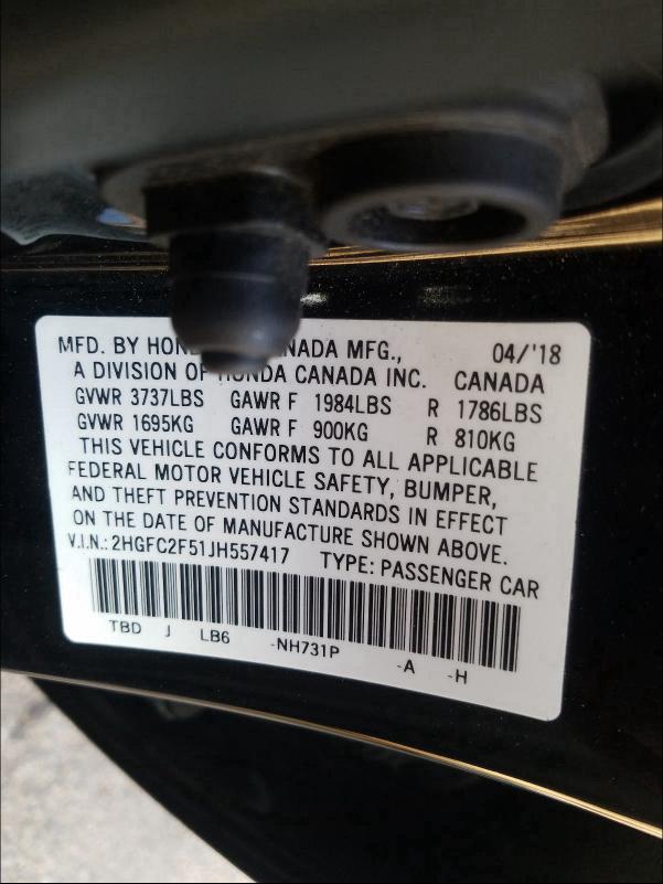 Photo 9 VIN: 2HGFC2F51JH557417 - HONDA CIVIC LX 