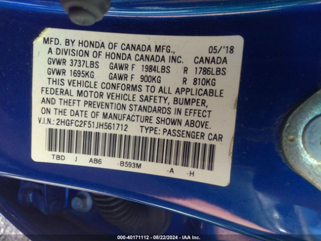 Photo 8 VIN: 2HGFC2F51JH561712 - HONDA CIVIC 