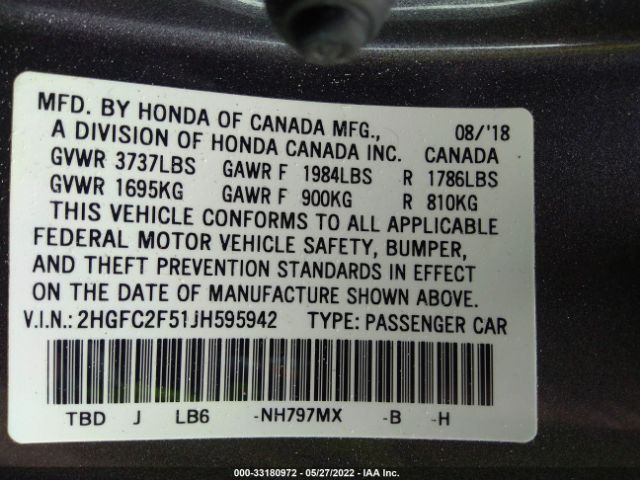 Photo 8 VIN: 2HGFC2F51JH595942 - HONDA CIVIC SEDAN 