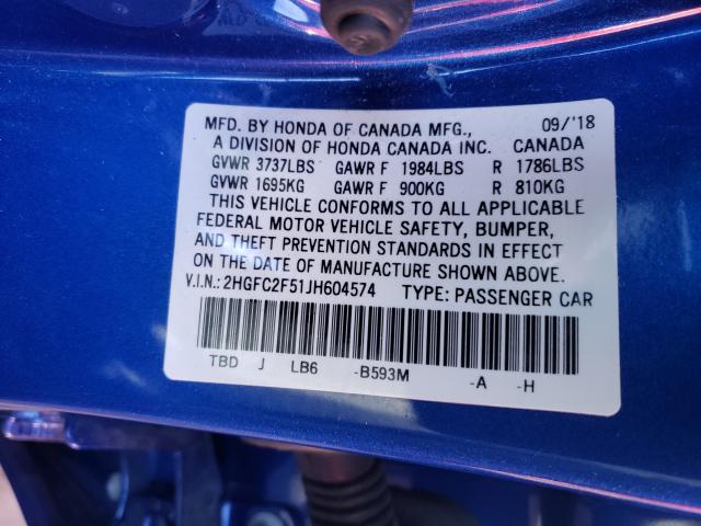 Photo 9 VIN: 2HGFC2F51JH604574 - HONDA CIVIC LX 