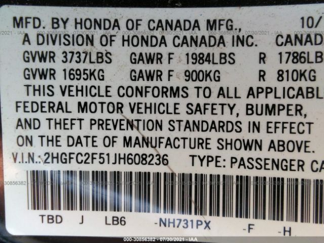 Photo 8 VIN: 2HGFC2F51JH608236 - HONDA CIVIC SEDAN 