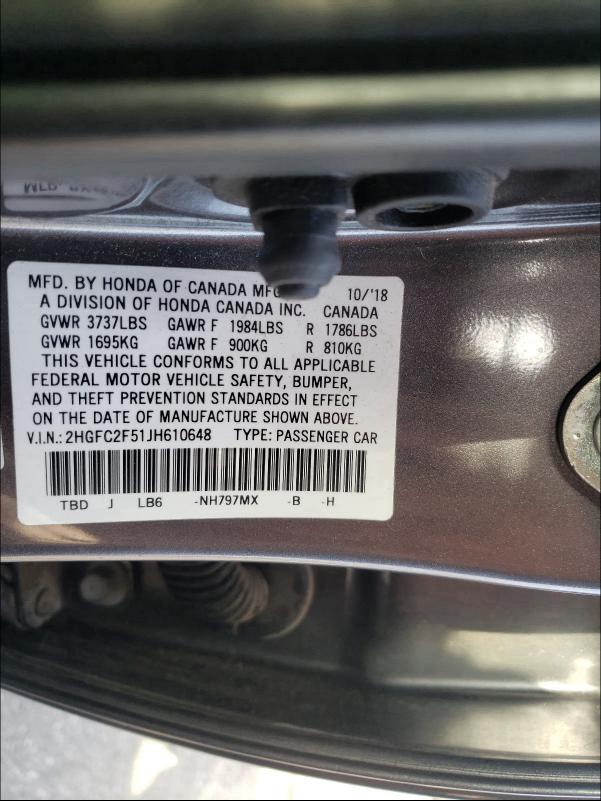 Photo 9 VIN: 2HGFC2F51JH610648 - HONDA CIVIC LX 