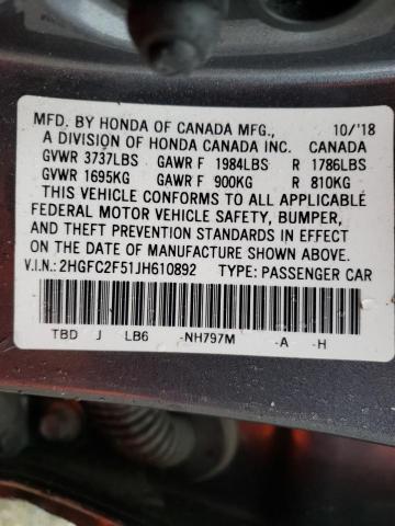 Photo 9 VIN: 2HGFC2F51JH610892 - HONDA CIVIC LX 