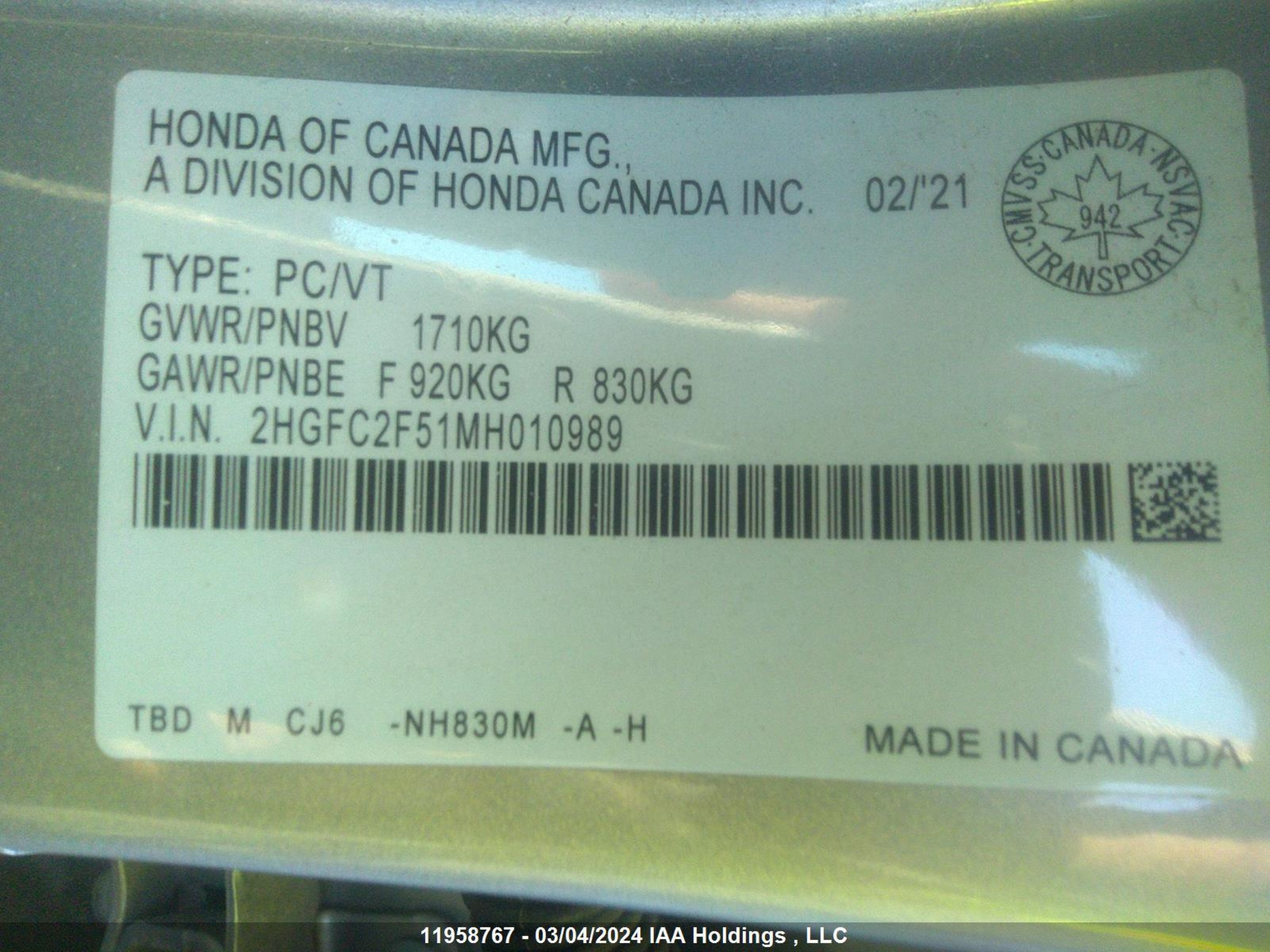 Photo 8 VIN: 2HGFC2F51MH010989 - HONDA CIVIC 