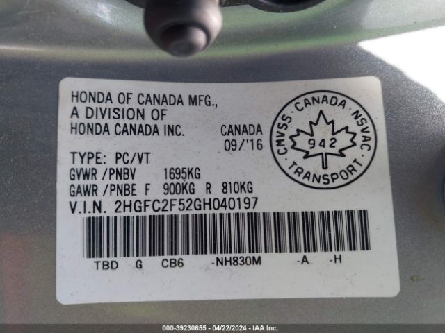 Photo 8 VIN: 2HGFC2F52GH040197 - HONDA CIVIC SEDAN 