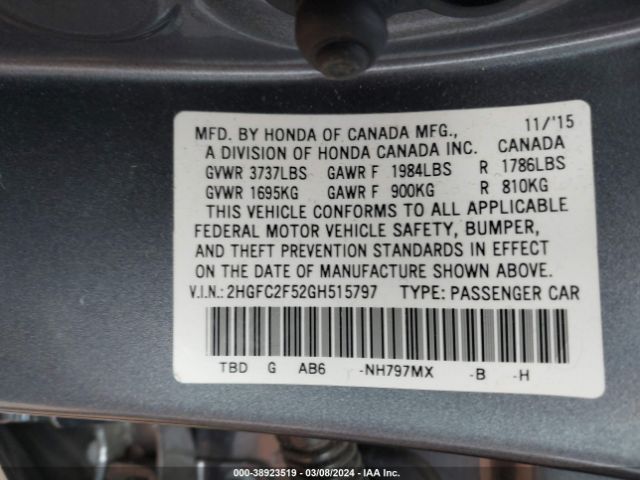 Photo 8 VIN: 2HGFC2F52GH515797 - HONDA CIVIC 